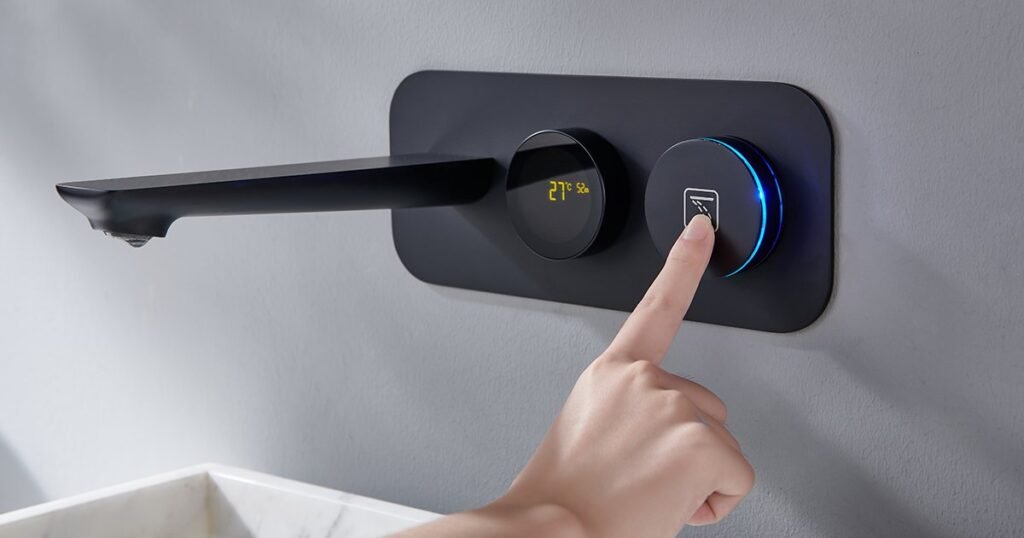 Oyster AGUA AI smart basin mixer connected to the AI shower system India, offering touchless operation and precise water management.
