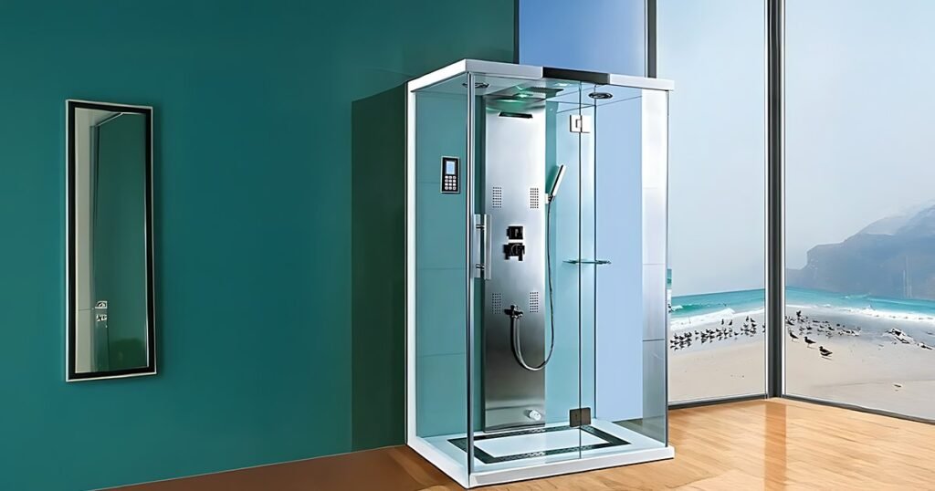Glass shower enclosure with controls
