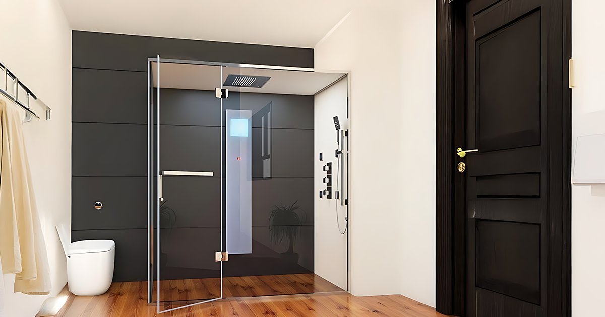Glass shower enclosure with black wall.