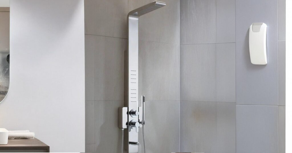 Sleek stainless steel shower panel.
