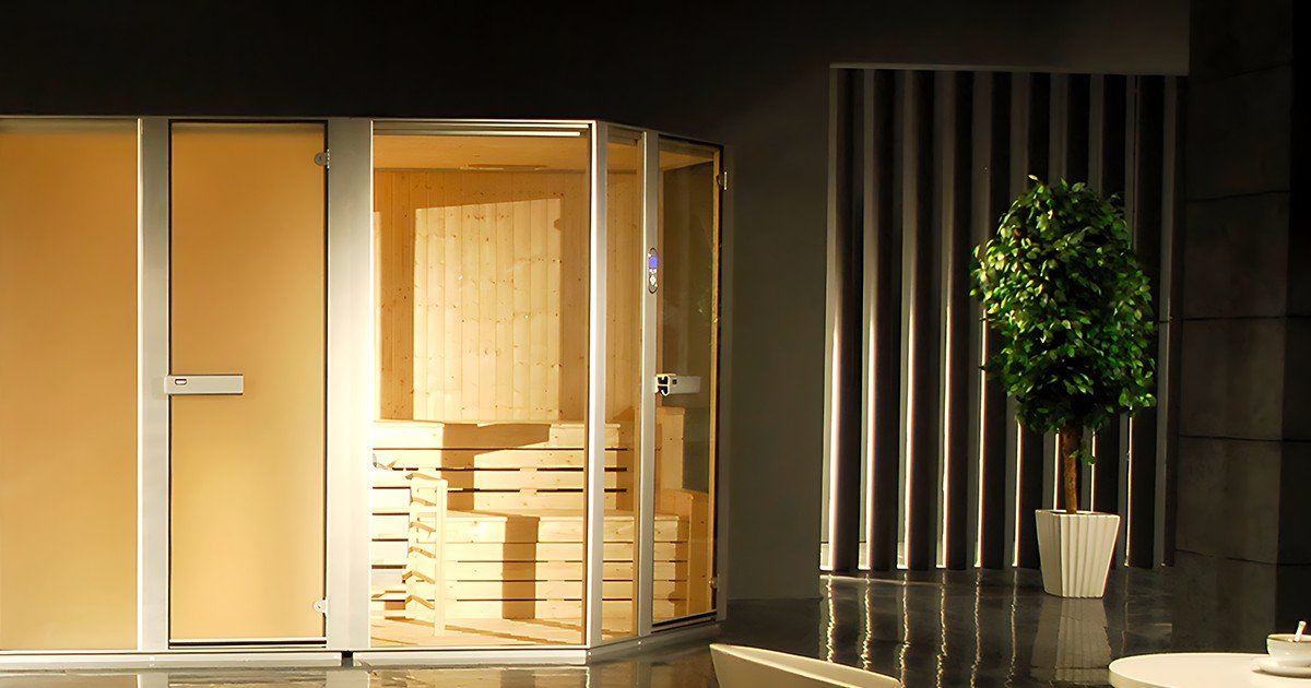 Compact wooden sauna room.