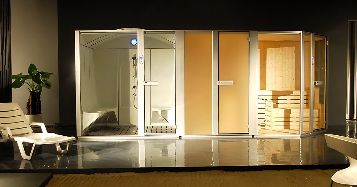 Steam and sauna room setup.