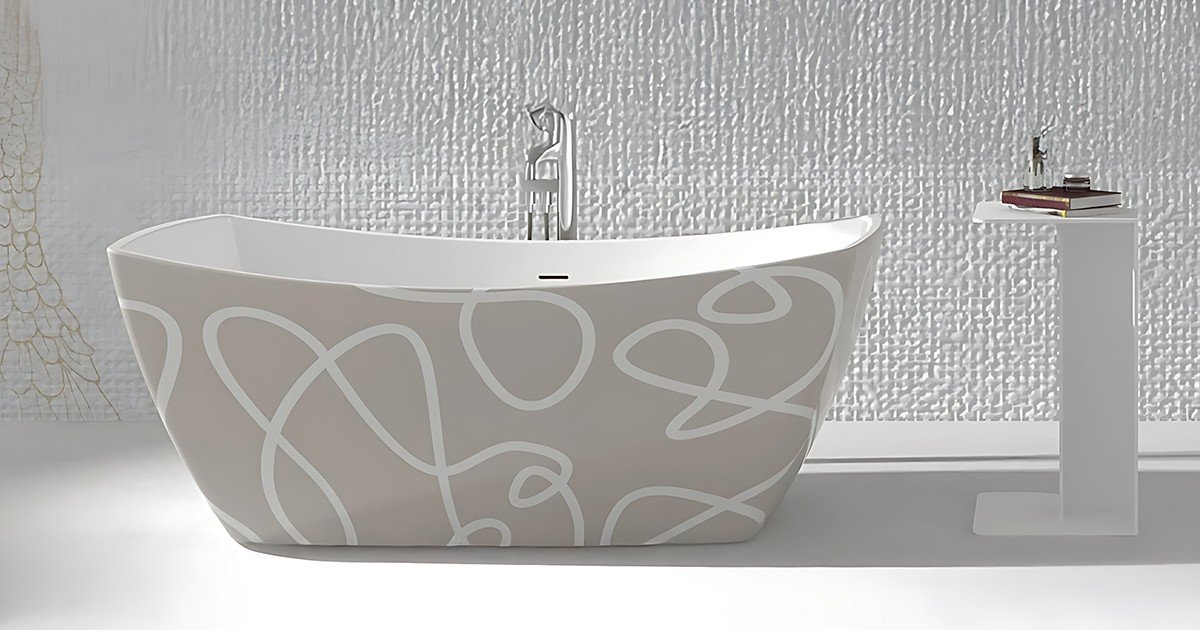 freestanding bathtub with abstract pattern.