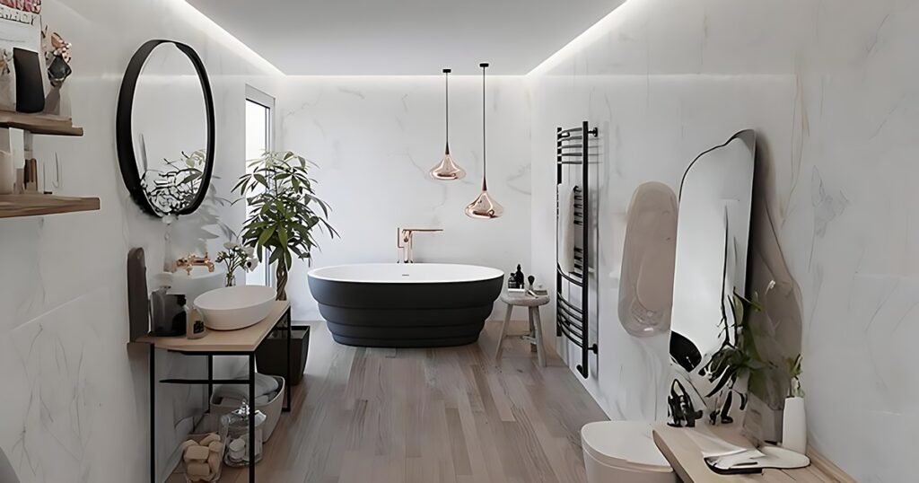 Modern bathroom with black bathtub.