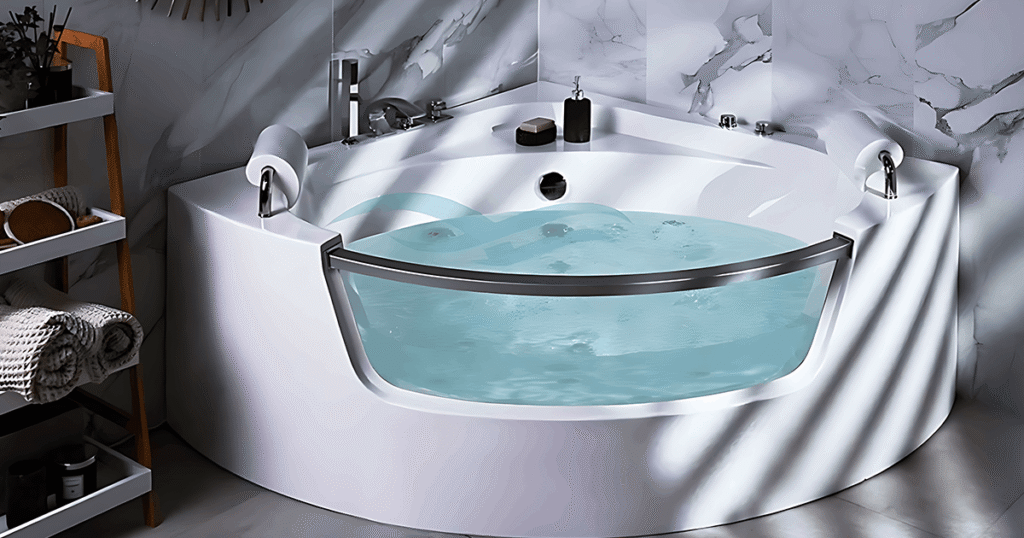 Corner jacuzzi bathtub with ergonomic seating and water jets designed for compact luxury bathrooms at home

