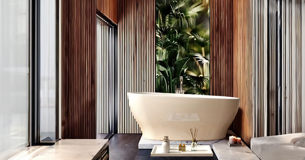bathtub in luxury wooden bathroom