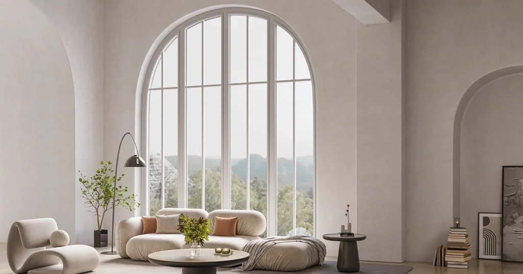 living room with uPVC arch window