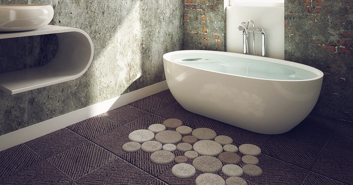 oval bathtub in rustic bathroom