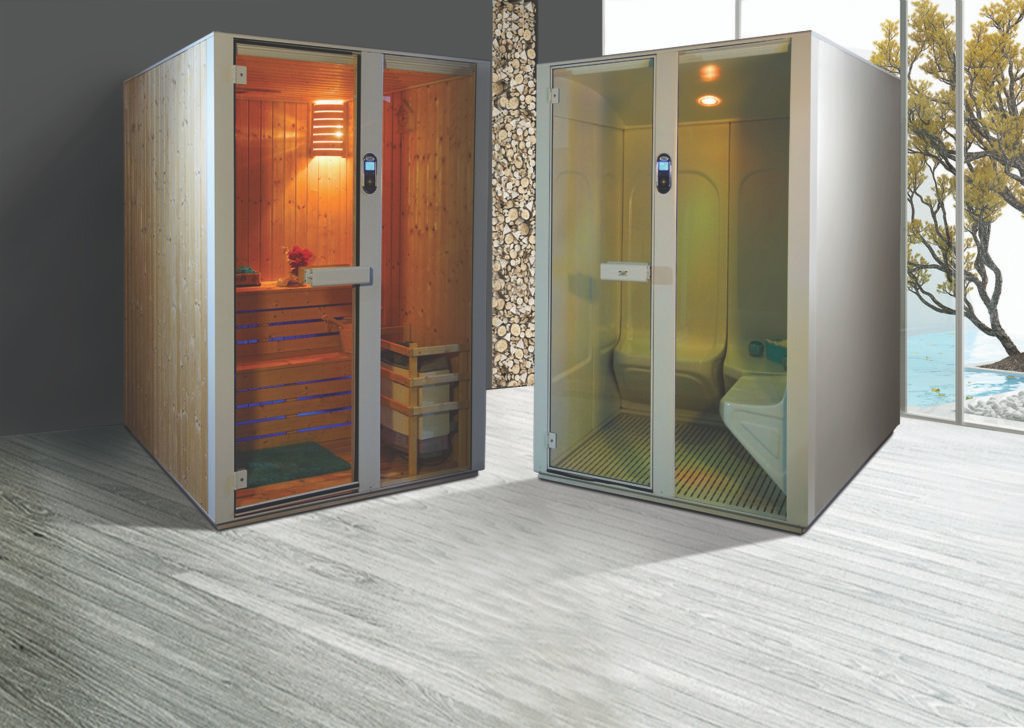 Dual cabin setup showcasing a modern wooden sauna and a sleek white steam room — ideal steam and sauna solution for homes, spas, and resorts offering holistic wellness experiences."