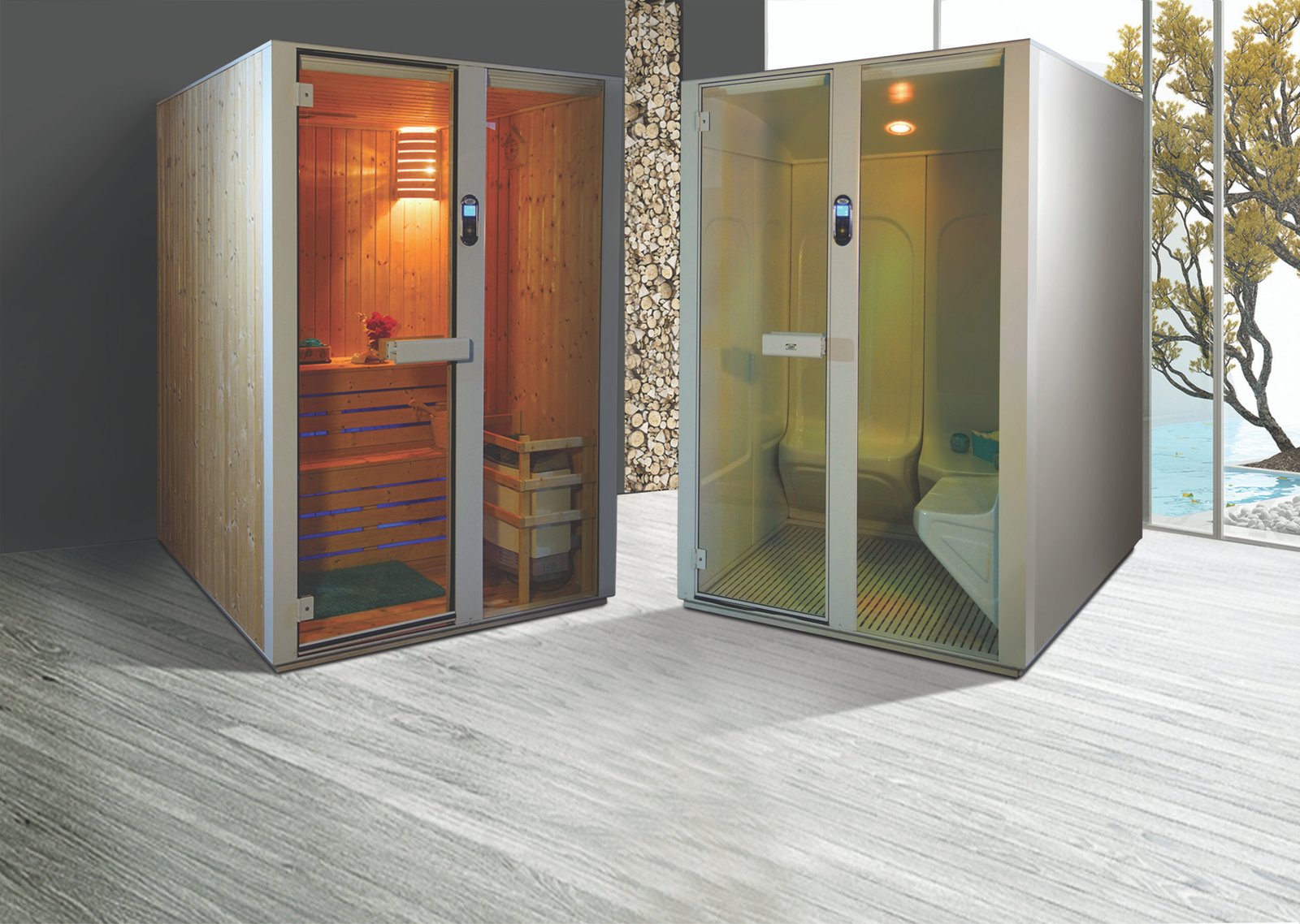 Dual cabin setup showcasing a modern wooden sauna and a sleek white steam room — ideal steam and sauna solution for homes, spas, and resorts offering holistic wellness experiences."