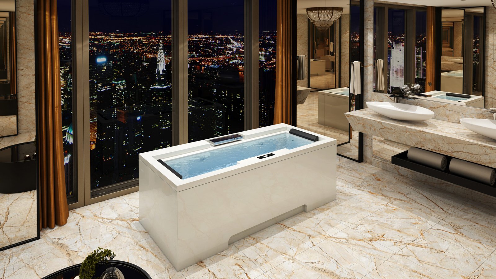 Luxury whirlpool bathtub in a premium marble bathroom overlooking a city skyline at night, showcasing Oyster’s modern design and wellness innovation with advanced hydrotherapy and spa features that highlight the whirlpool bath benefits of relaxation and comfort.