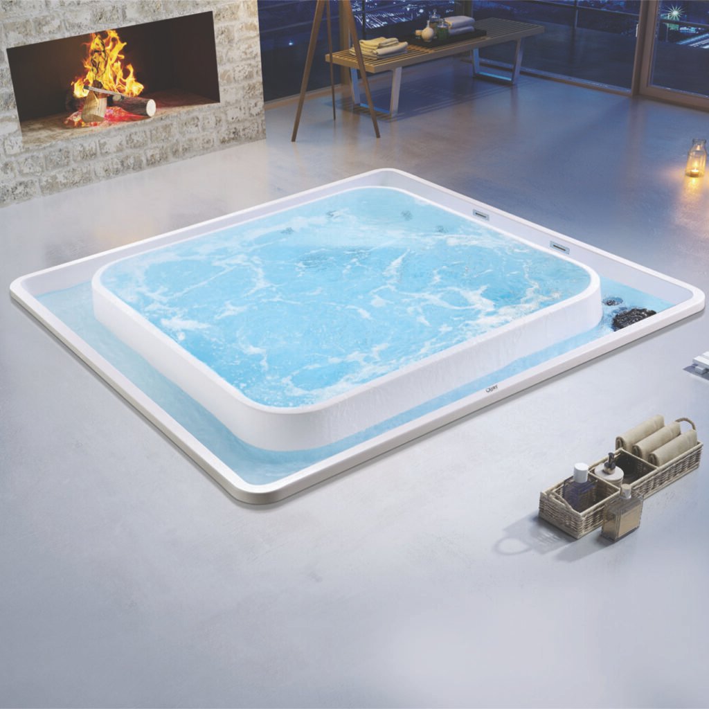 Elegant contemporary bathroom with luxury whirlpool bath and ambient lighting, designed for stress relief and hydrotherapy, highlighting wellness and whirlpool bath benefits at home.
