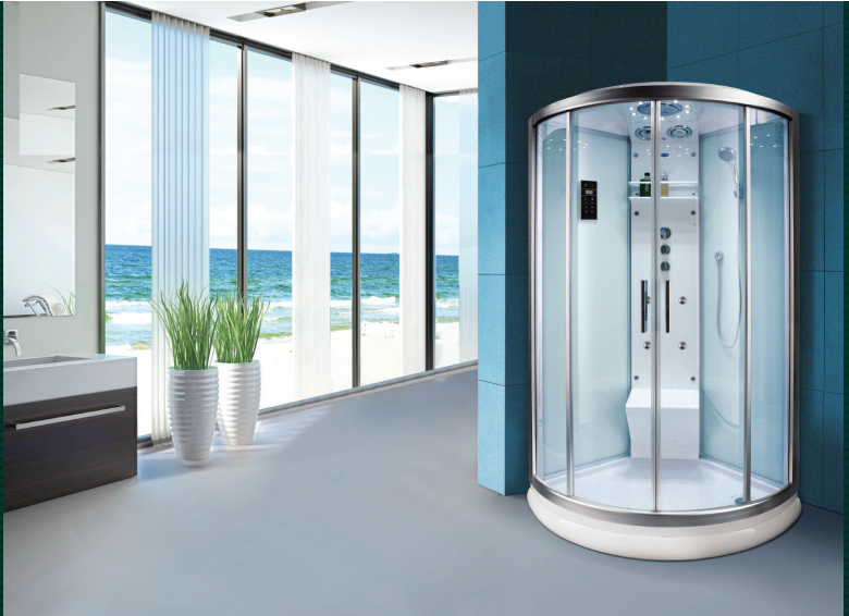 Elegant curved glass steam and sauna cabin with multi-function shower system in a beach-view bathroom, offering a rejuvenating spa experience and premium wellness design for modern interiors.
