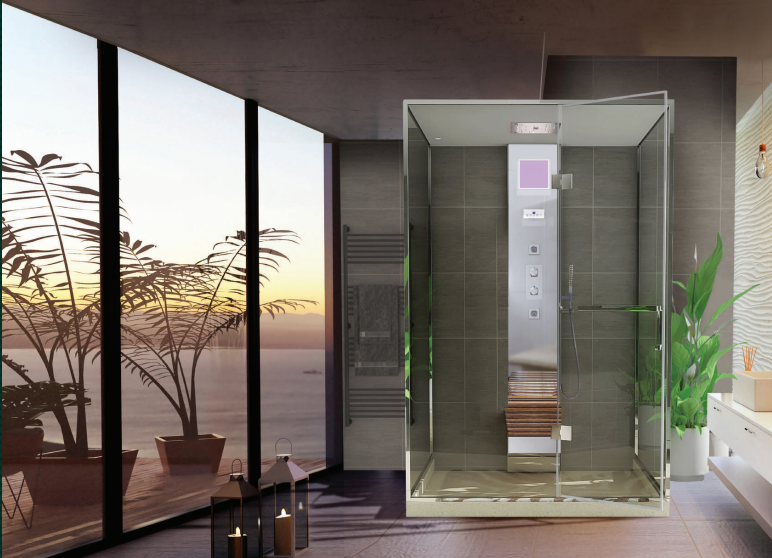 Luxury steam and sauna shower enclosure with glass doors and modern controls, installed in a contemporary bathroom overlooking a sunset view — perfect blend of wellness and design for premium homes
