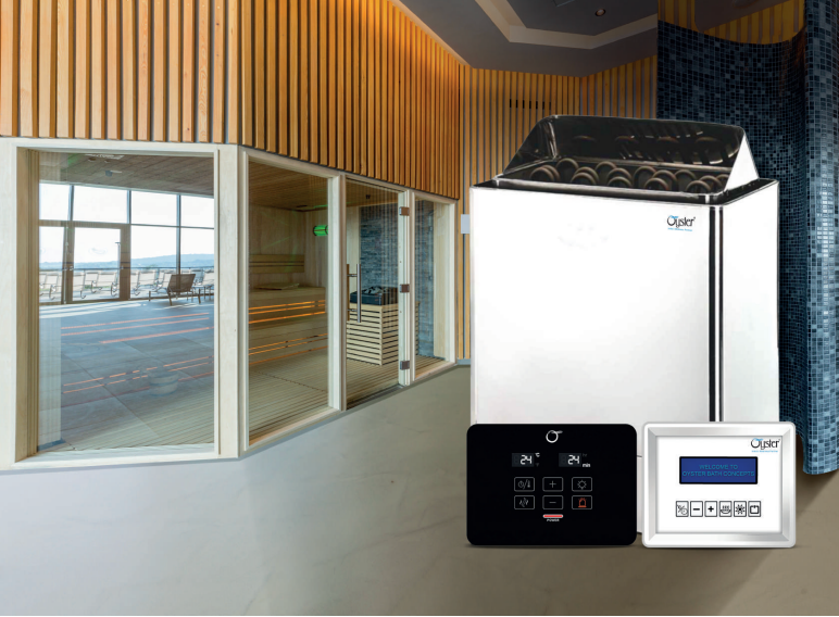 Modern Steam and Sauna room with glass walls and wooden interiors featuring advanced Oyster steam and sauna heating systems. The image showcases a premium sauna setup equipped with a sleek stainless steel Oyster sauna heater and digital control panels for precise temperature and humidity management. Perfect for luxury spas, wellness centers, and modern homes, this Steam and Sauna setup combines elegant design with smart functionality for a rejuvenating relaxation experience.
