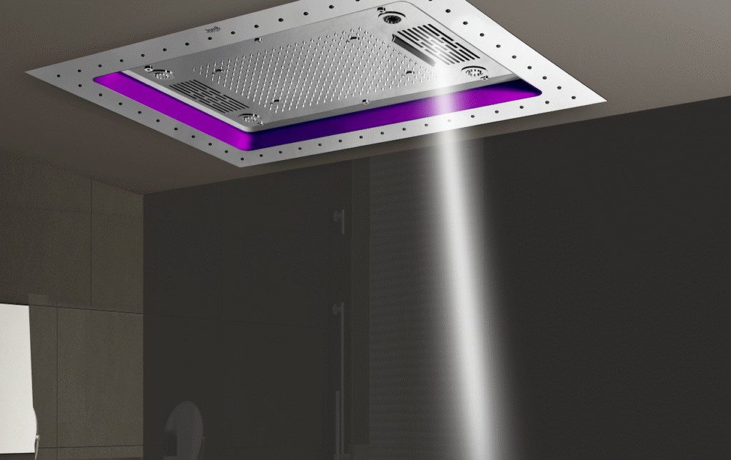 Woman relaxing under Oyster SunShower rainfall system for modern bathroom shower ideas