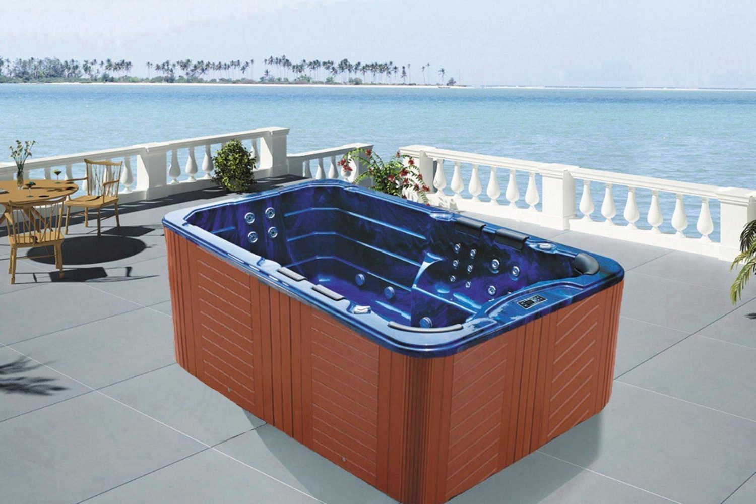 Designer home swimming pool with integrated seating and jets on a private deck, created for comfort, wellness, and lifestyle living