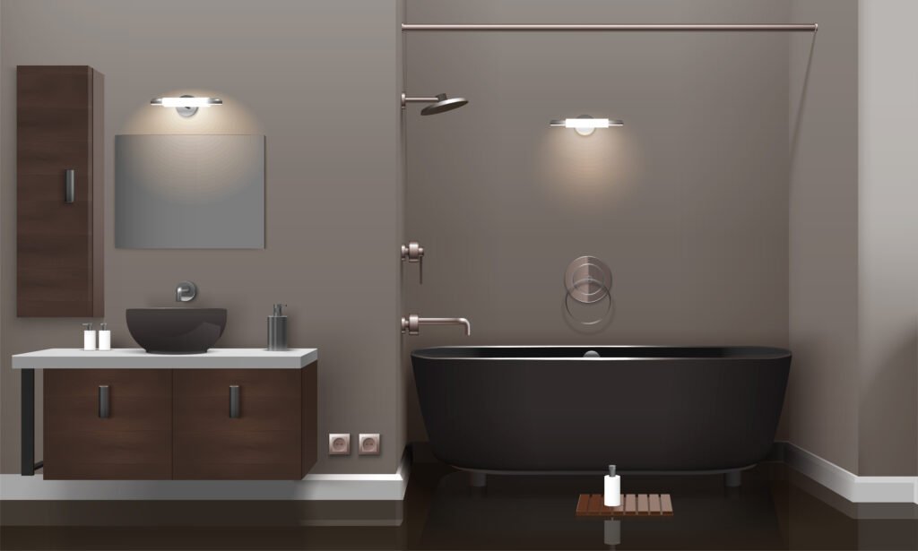 Modern luxury bathroom interior featuring matte black freestanding bathtub, wall-mounted shower system, designer vanity unit, vessel sink, and premium bathroom faucets with warm ambient lighting.