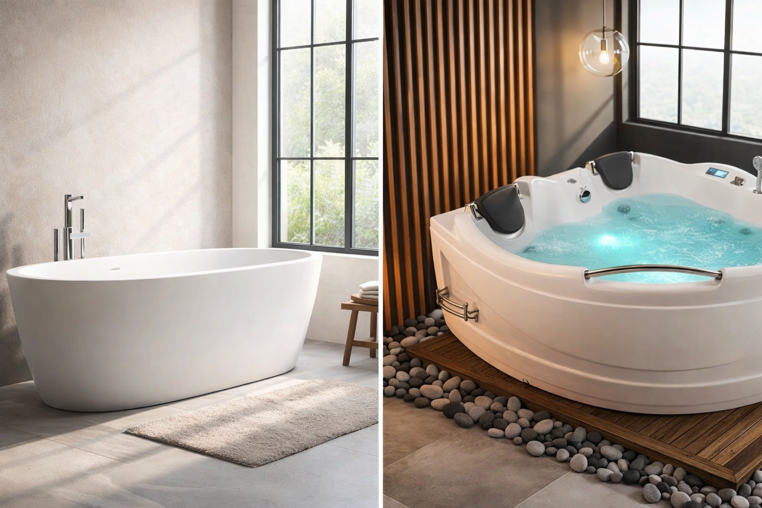 Side-by-side modern bathroom showing the difference between Jacuzzi and Bathtub, with a freestanding bathtub and a luxury Jacuzzi in a home setting.