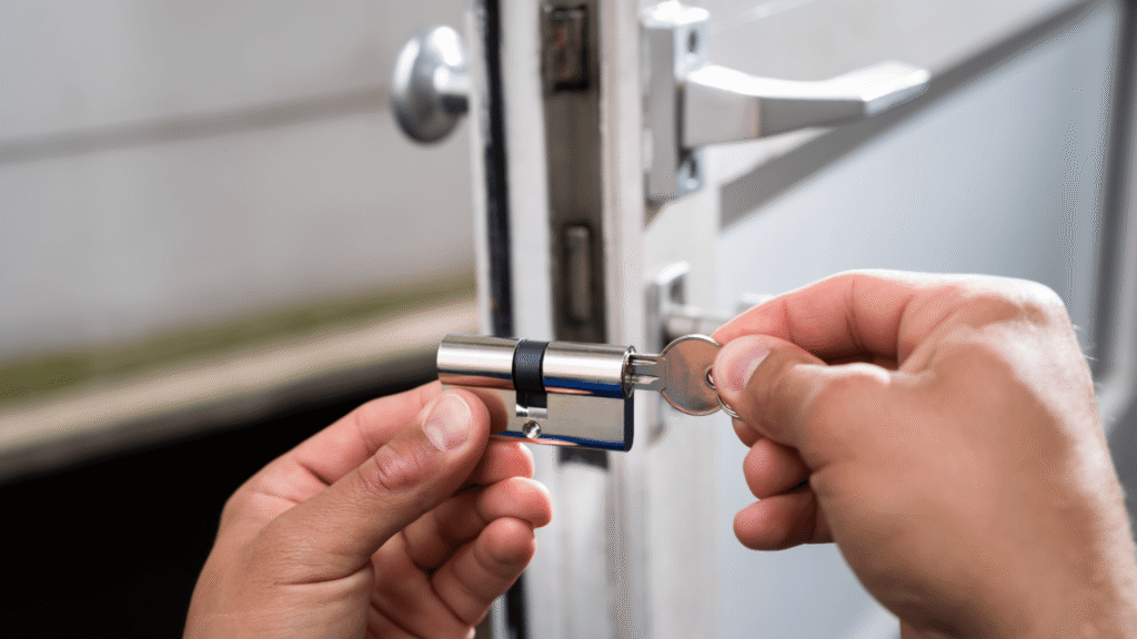 A person installing a euro cylinder lock on a door, showing how uPVC door handles work with secure locking systems.