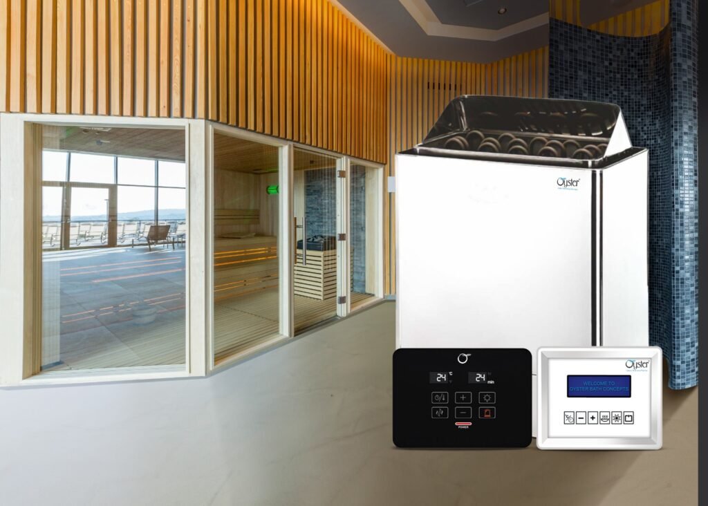 Oyster steam shower cabin generator installed beside a modern wooden sauna room for compact Indian homes.
