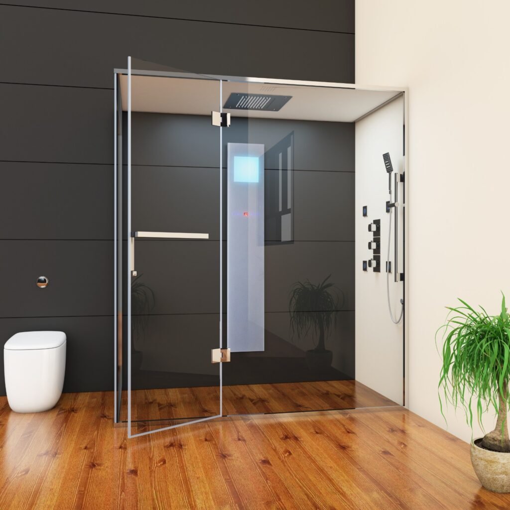 Modern glass steam shower cabin with rainfall shower and multi-jet controls in a compact luxury bathroom.
