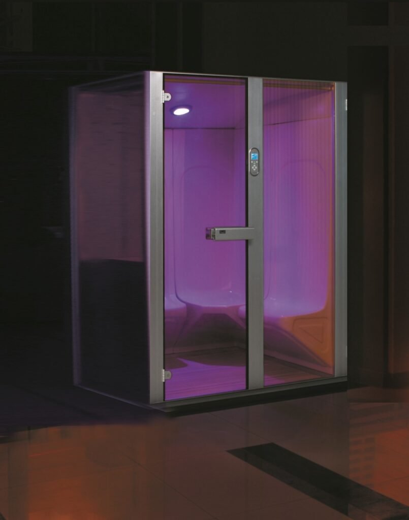 Premium steam shower cabin with LED chromotherapy lighting designed for home wellness spaces.
