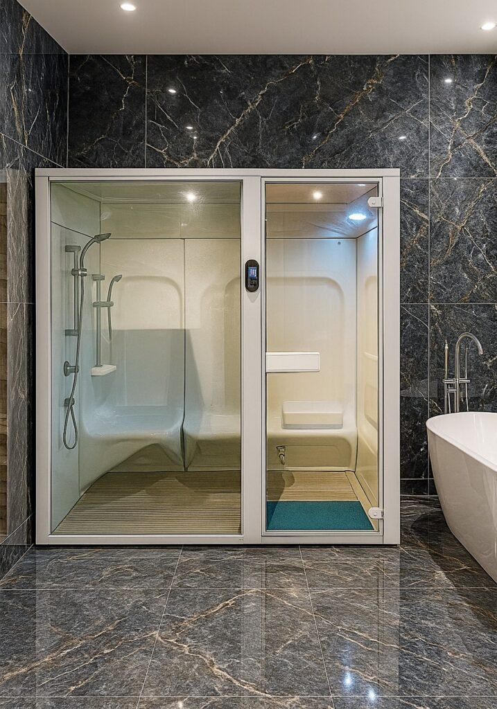 Modern glass steam shower cabin with rainfall shower and multi-jet controls in a compact luxury bathroom.
