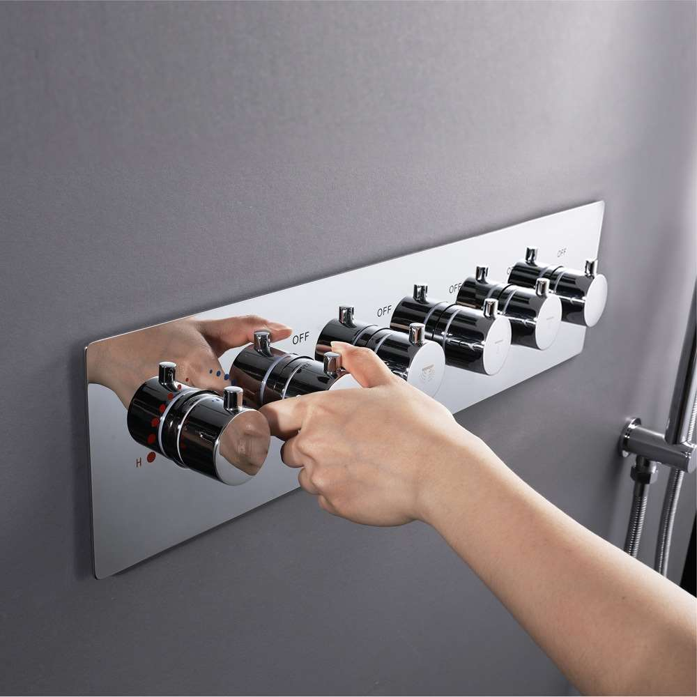 Premium multi-function shower diverter panel with chrome finish and multiple outlet control knobs for advanced shower systems.