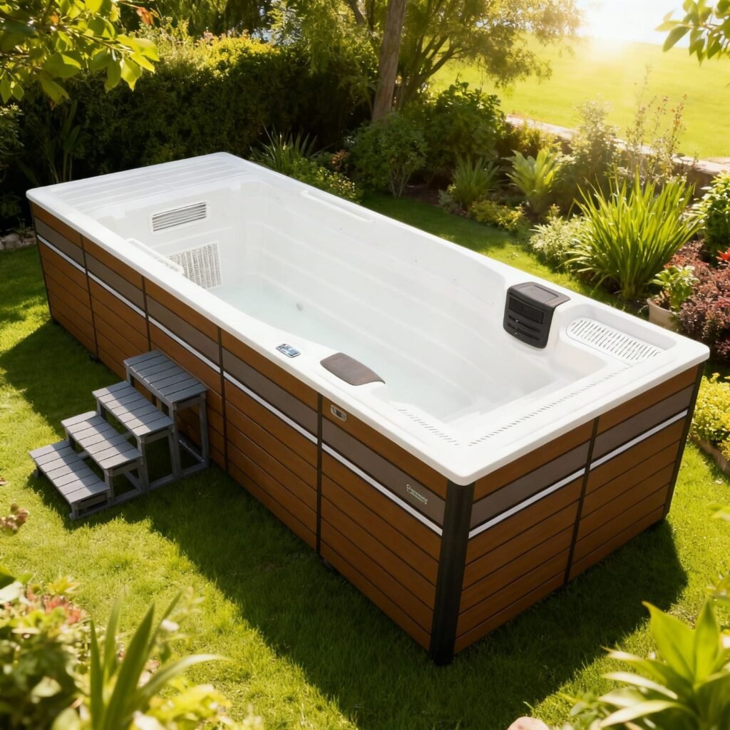 Luxury home swimming pool with compact rectangular design installed in a landscaped garden for private wellness and daily swimming
