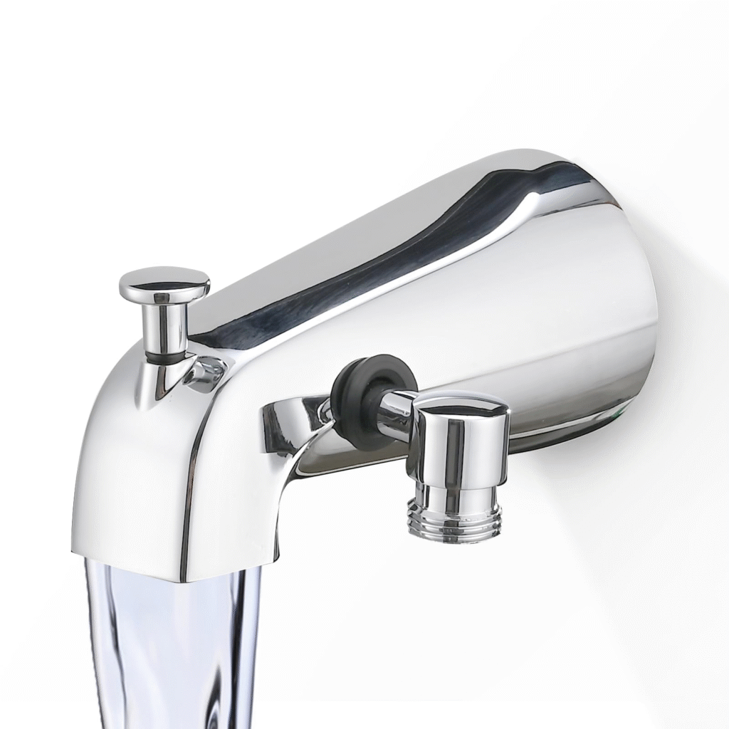 Chrome bathtub spout with integrated tee diverter used to switch water flow between showerhead and spout.