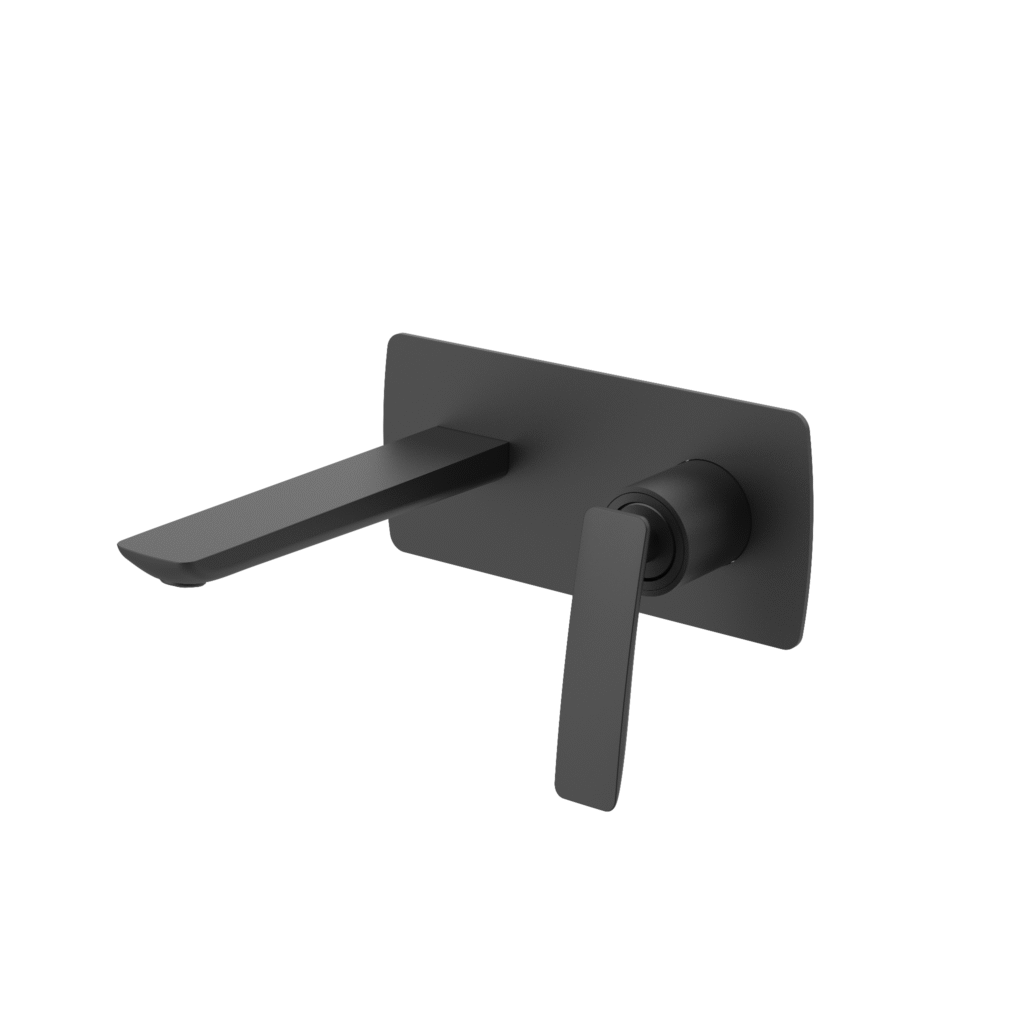 Matte black wall-mounted bathroom faucets with single-lever mixer design, sleek rectangular spout, and concealed installation for modern minimalist bathroom interiors.