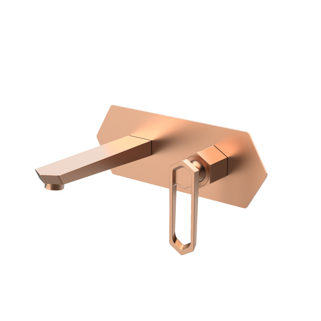Rose gold wall-mounted bathroom faucets with single-lever mixer, geometric backplate, and sleek spout design for luxury contemporary bathroom interiors.