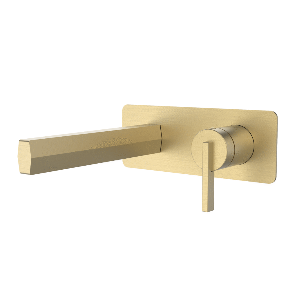 Brushed gold wall-mounted bathroom faucets featuring a single-lever mixer, angular spout design, and concealed installation for luxury modern bathroom interiors.