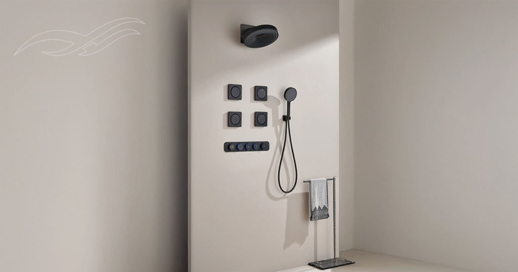 Premium concealed shower diverter system with rain shower, hand shower, and body jets installed in a modern luxury bathroom.