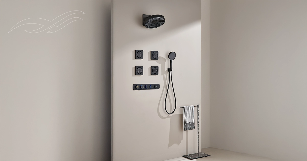 Premium concealed shower diverter system with rain shower, hand shower, and body jets installed in a modern luxury bathroom.