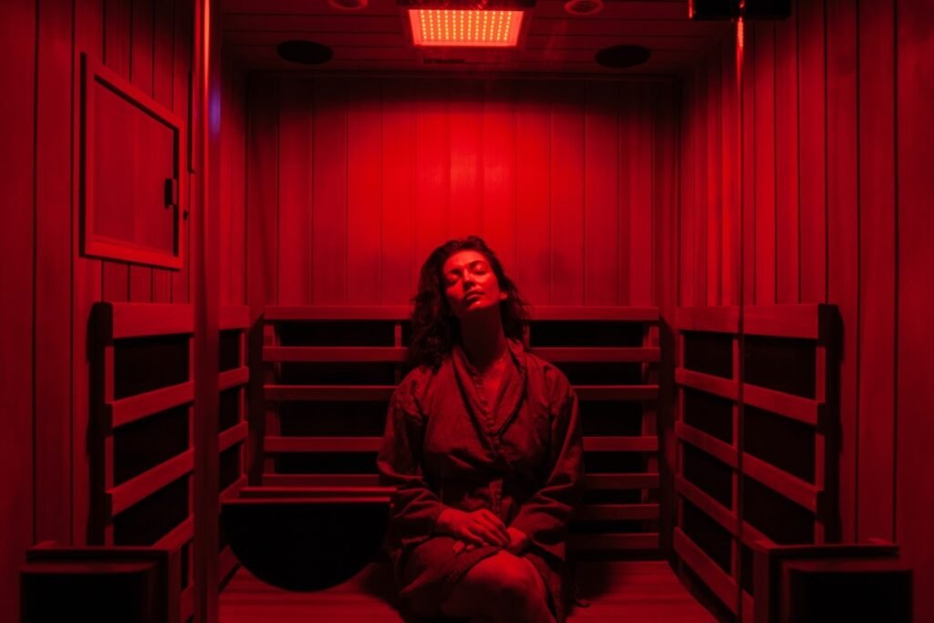 Woman relaxing inside an infrared sauna cabin, experiencing sauna benefits such as stress relief, muscle relaxation, and deep heat therapy.