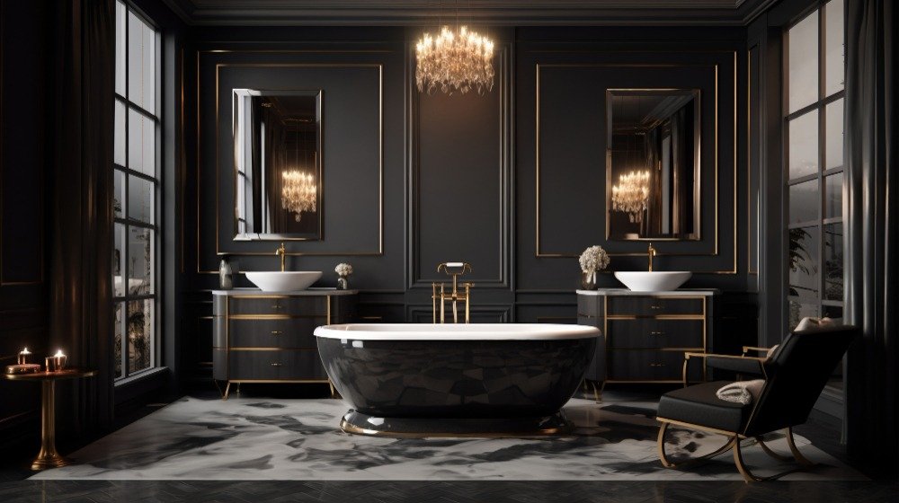 Luxury black and gold bathroom interior with freestanding bathtub, double vanity units, marble flooring, chandelier lighting, and premium bathroom faucets creating an elegant spa-style ambiance.