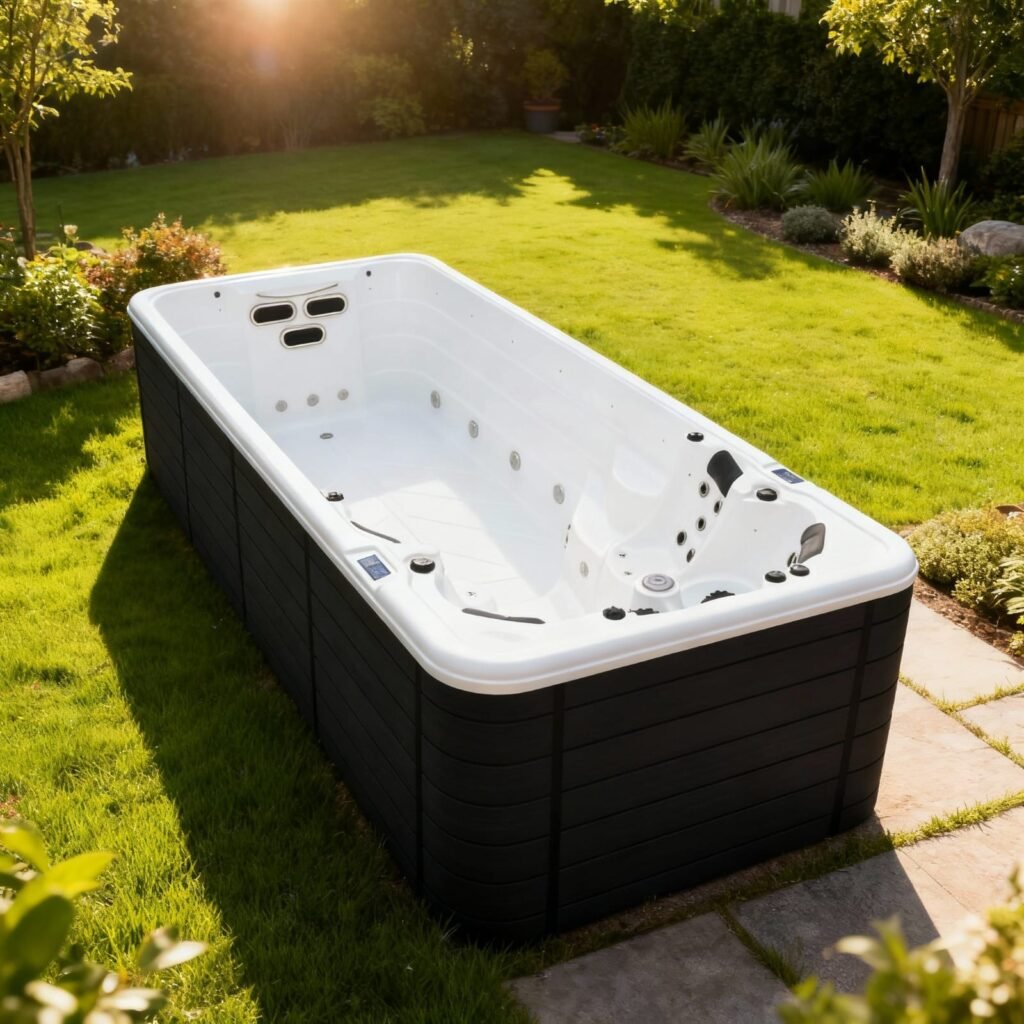 Premium home swimming pool with spa-style hydrotherapy features placed in a scenic outdoor setting for wellness and leisure
