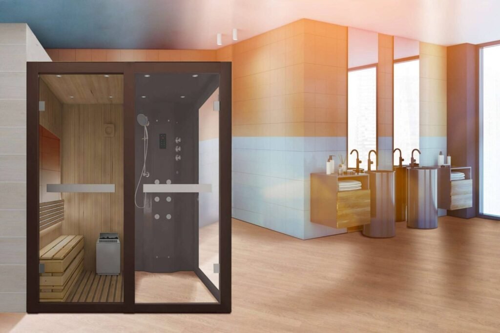 Modern steam and shower cabin designed with wood accents and ambient lighting for a calming spa like experience
