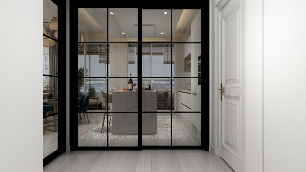 High-end uPVC doors with black frames used as room dividers, blending modern design with strength and stability.
