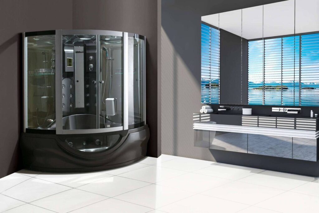 Premium curved steam cabin in a contemporary bathroom designed for easy steam cabin maintenance and daily cleaning