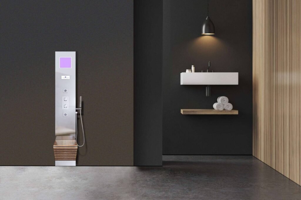 Contemporary steam and shower cabin with integrated control panel and minimalist interior for spa style wellness at home