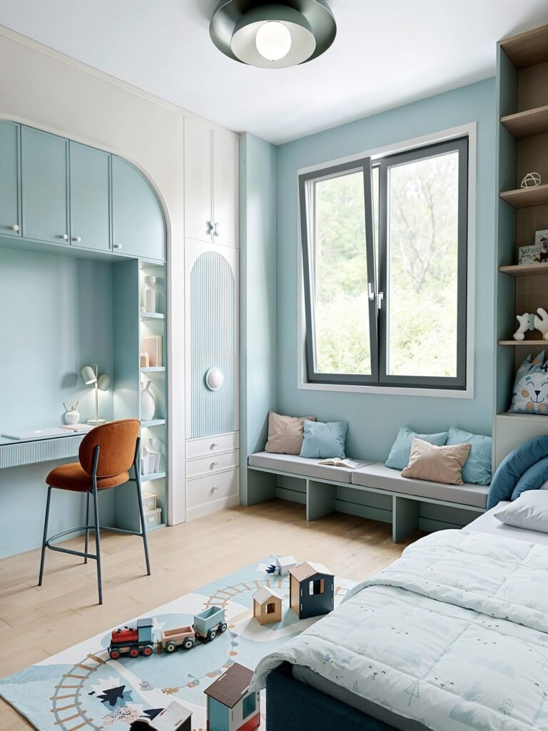 Tilt and Turn uPVC Windows in a contemporary children’s bedroom, designed for safety, controlled airflow, and abundant natural light
