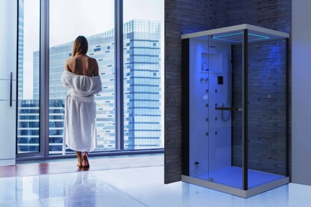 Luxury home steam cabin near balcony area demonstrating steam cabin maintenance through ventilation and surface care