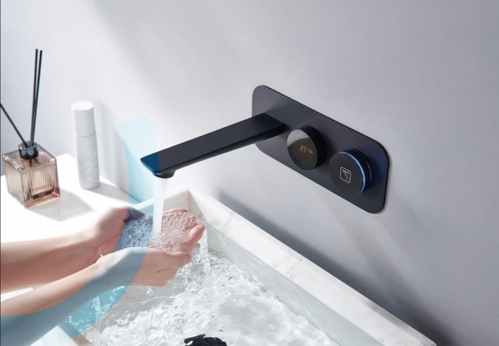 Smart faucets in use for handwashing with visible temperature control in a clean modern bathroom interior