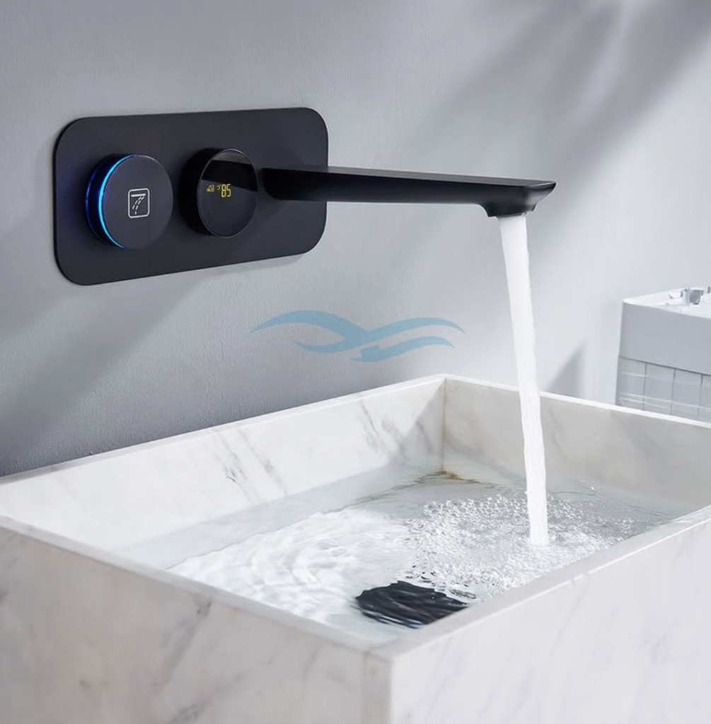 Smart faucets delivering controlled water flow with temperature sensor technology in a contemporary bathroom setting
