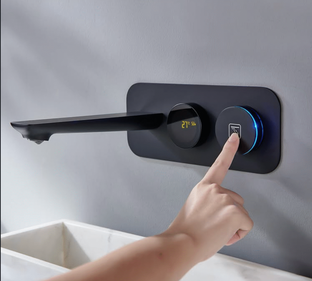 Smart faucets with touch control panel allowing precise temperature adjustment in a modern bathroom sink
