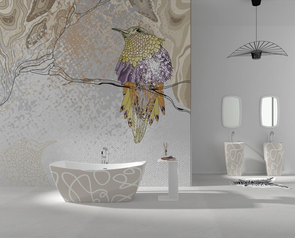 Designer freestanding bathtubs paired with artistic wall decor in a premium bathroom interior