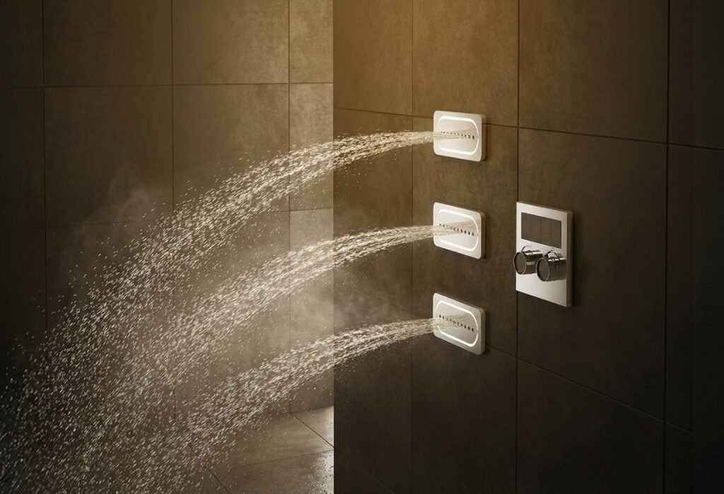 Close up of shower body jets in a body jet shower system providing targeted water massage